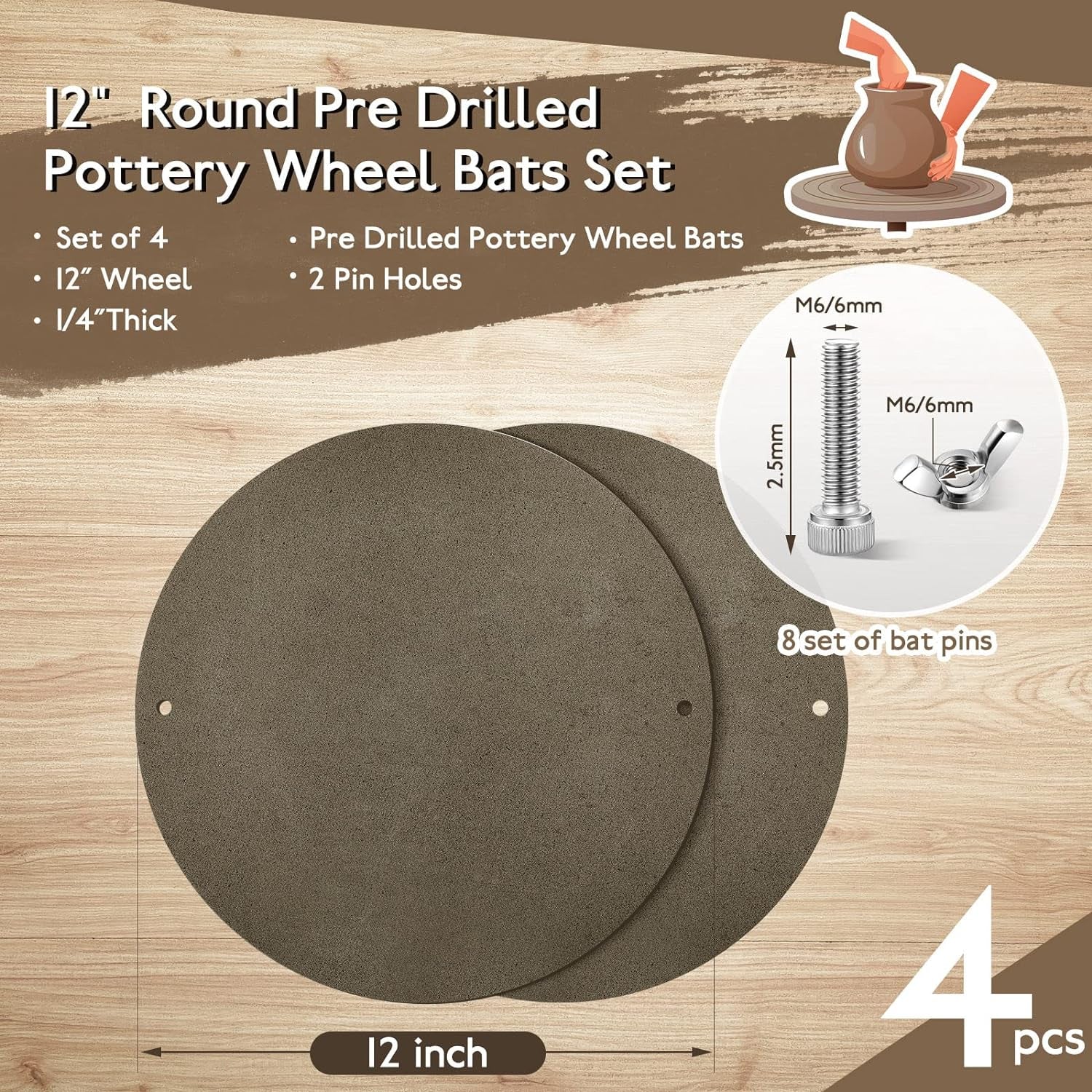 4 Pcs 12'' Diameter Round Pottery Wheel Bat Set with Bat Pins